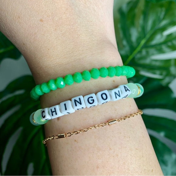 no brand Jewelry - Chingona Green & Gold Beaded Letter Bracelet Set of 3